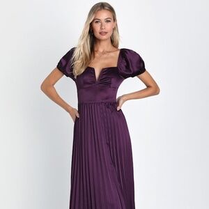 Lulus Flawless Forever Dark Purple Satin Pleated Midi Dress - Size L
